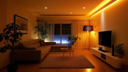 Cozy Living Room Interior with Warm Lighting, Comfortable Sofa, and Indoor Plants for Relaxation and Home Decor