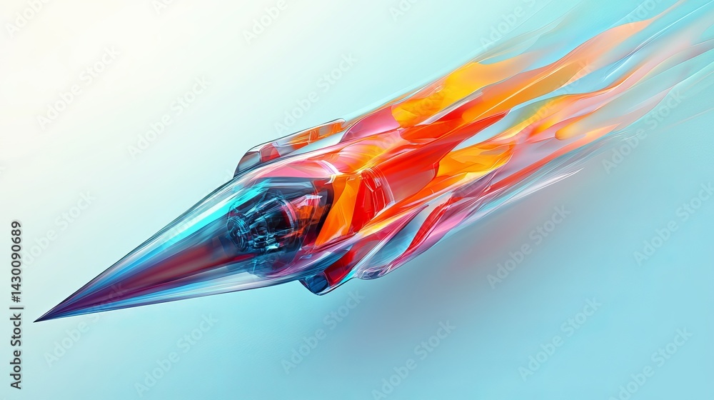Poster a stylized rocket with colorful flames trailing behind it against a light blue and white background