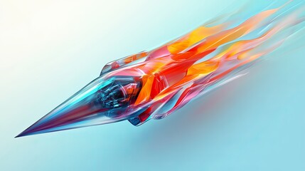 A stylized rocket with colorful flames trailing behind it against a light blue and white background