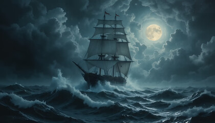 Mysterious Sailing Ship Illuminated by Moonlight on a Stormy Ocean Night

