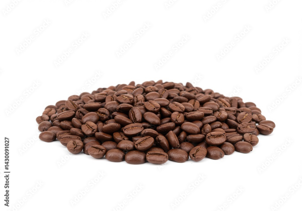 Poster pile of roasted coffee beans on a white surface creating a simple and clean studio shot setting up c