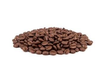Obraz premium Pile of roasted coffee beans on a white surface creating a simple and clean studio shot setting up close