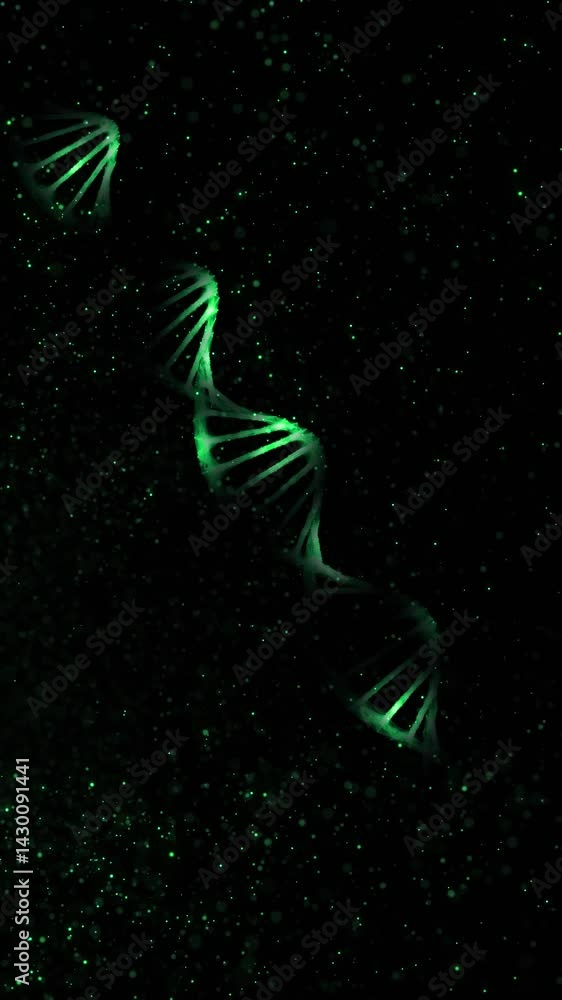 Poster loop green colored flicker dots with dna chain on black vertical background.