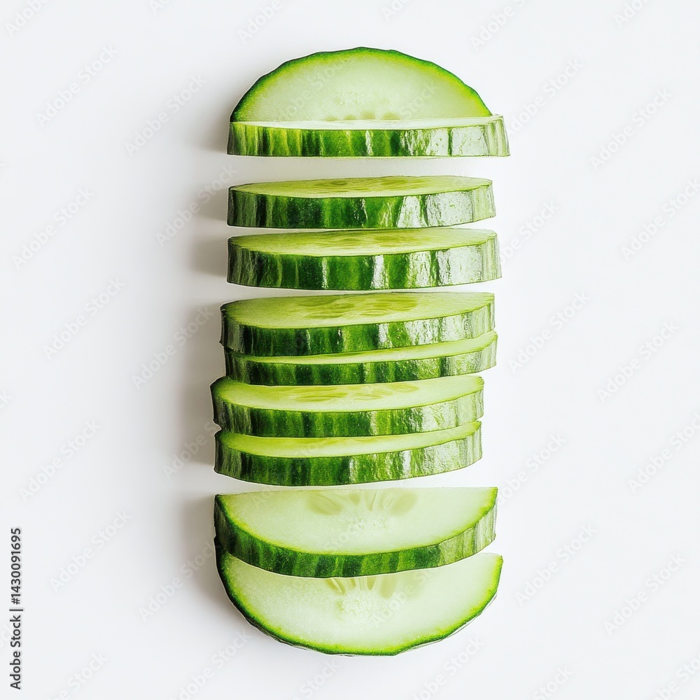 Poster vertically stacked cucumber slices arranged on a bright white surface, with a focus on fresh produce