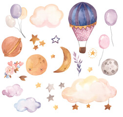 Watercolor hot air balloon, cloud, moon, leaves illustration for kids