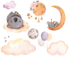 Watercolor koala on cloud, mouse sleeping on the moon. Hand drawn illustration for kids