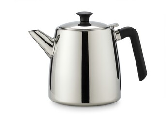 A polished stainless steel tea kettle with a black handle and lid knob on a white background surface