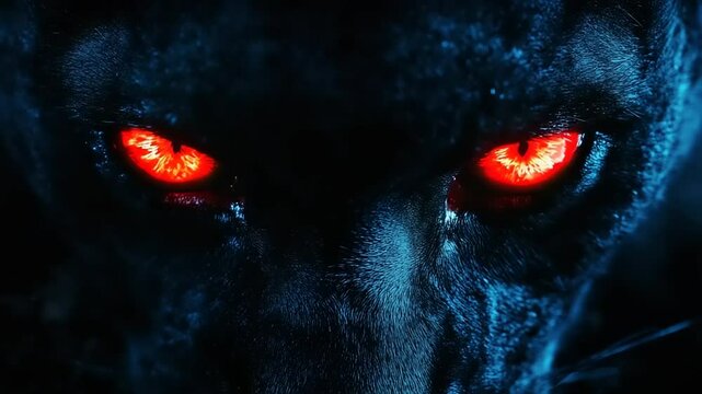 Intense close-up of a black panther's face with glowing red eyes against a dark background
