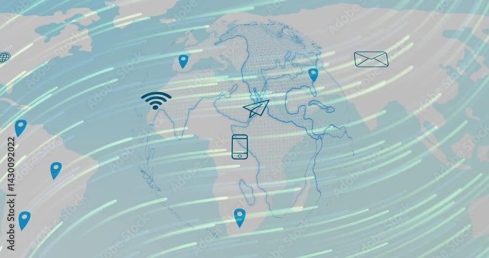 Poster stylized world map displaying data streams, featuring location pins, wi?fi, messaging, share icons