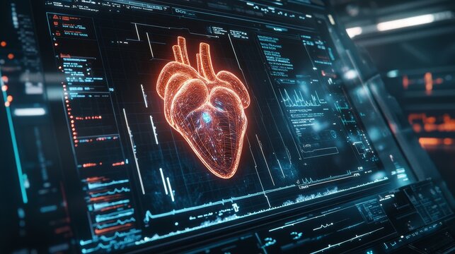 Close-Up of Futuristic Medical Monitor Displaying Heart Animation with Blurred Background