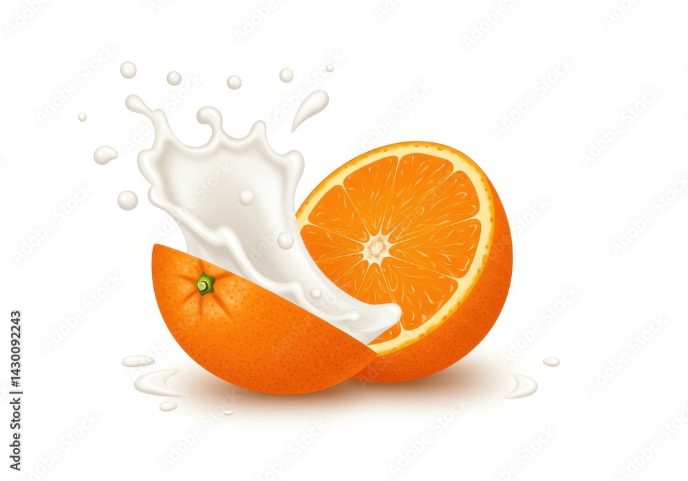 Poster orange slices with a splash of milk creating a vibrant and refreshing visual on a white background