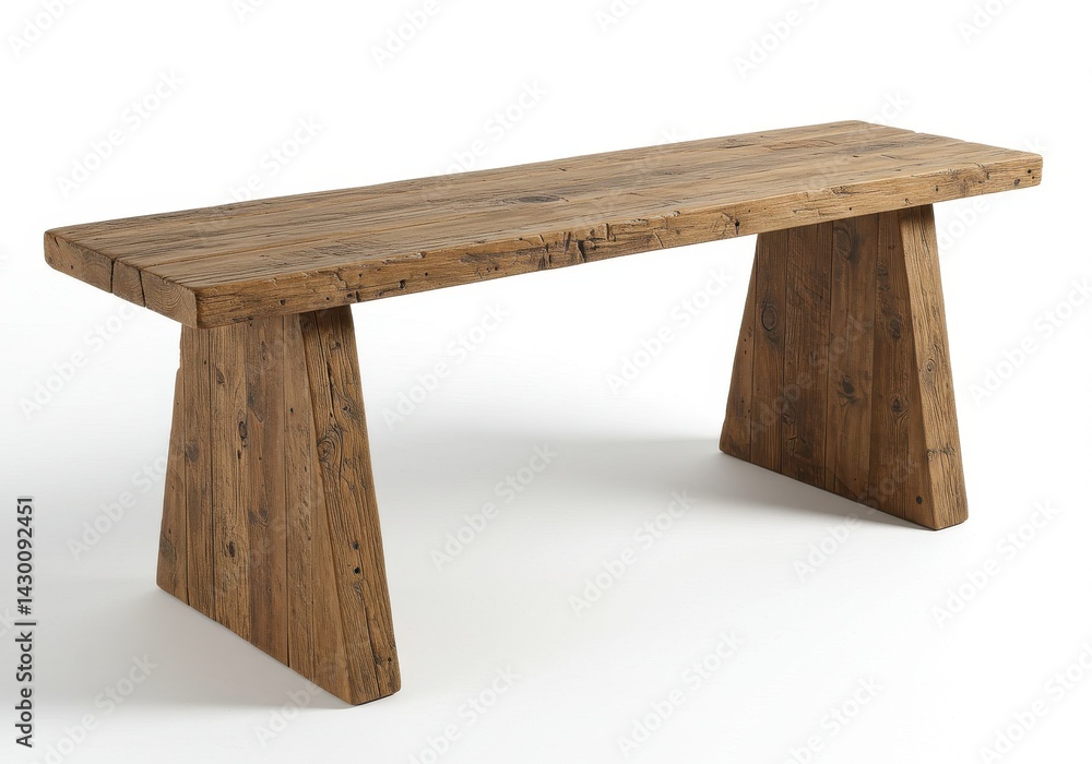 Poster a rustic wooden bench with a rectangular top and trapezoidal legs on a white background in a studio 