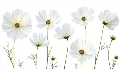 Isolated white cosmos flowers, studio shot, elegant backdrop
