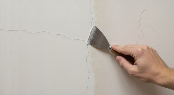 Hand using metal putty knife to repair wall crack. Close-up of filling technique with spackling compound. Home maintenance and drywall repair solutions