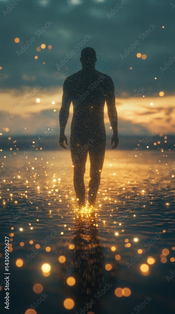 Poster silhouette of a man walking in water at dusk, body covered in golden light particles, creating a ser