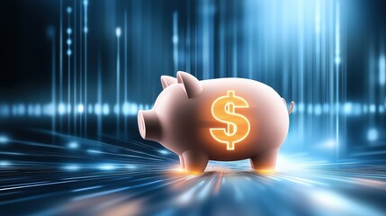 Piggy bank with glowing dollar sign against digital background representing savings, finance, investment, economy, and wealth creation