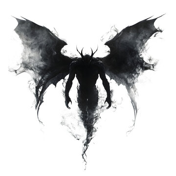 A shadowy winged figure with horns emerging from smoke against a black background in a dark fantasy style