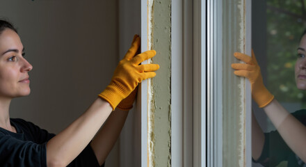 Woman in yellow gloves inspecting window installation. Profile view of female checking window frame finish quality. Home renovation and energy efficient window solutions