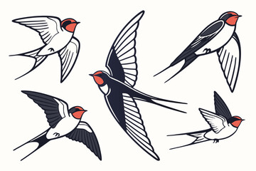 set of Barn Swallow vector silhouette illustration isolated on white background