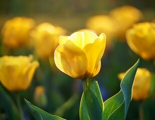 Naklejka premium Blooming yellow tulip flowers in the field
