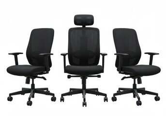 Three black office chairs with armrests and headrests isolated on a white background studio shot