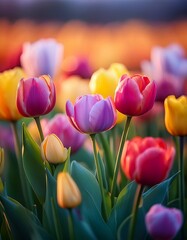 Blooming colorful tulip flowers in the field