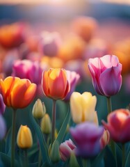 Blooming colorful tulip flowers in the field