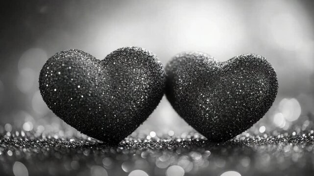 Eternal bond: Two exquisitely crafted black hearts with captivating glitter are elegantly positioned, suggesting an unbreakable and enduring connection. Captured in a stylish, monochrome tone.