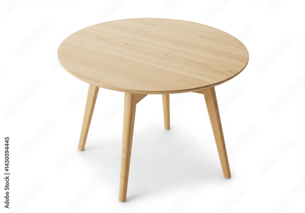 Poster a simple round wooden table with three legs standing on a white background in a studio setting