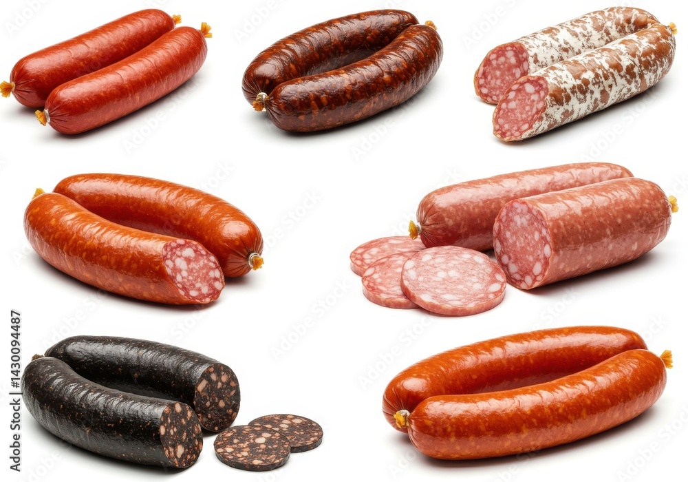 Aufkleber an assortment of different types of sausages displayed on a white background in a studio setting