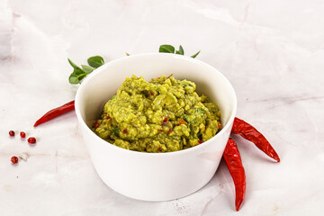 Guacamole with avocado, tomato and chili