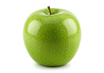 A single green apple with a stem centered on a white background in a studio shot with soft lighting