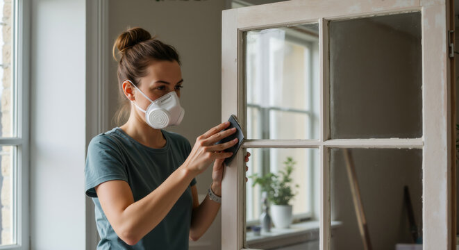 Woman with respirator mask sanding wooden door frame with sandpaper. Home renovation and window restoration during dust protection. DIY home improvement and furniture refinishing project