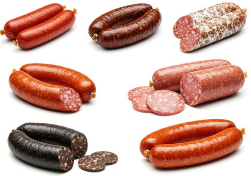 An assortment of different types of sausages displayed on a white background in a studio setting