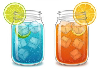 Two mason jars filled with colorful drinks and ice cubes garnished with citrus slices on white background