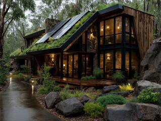 Sustainable cabin with living green roof and expansive glass windows nestled among trees in forest setting at twilight. Perfect for eco architecture, sustainable living and natural design concepts