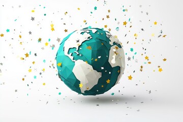 Low-poly teal globe surrounded by confetti stars, celebrating global unity and festive spirit.