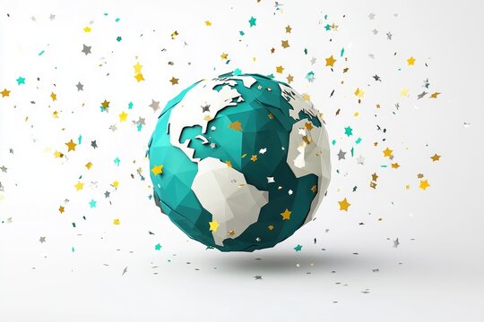 Low-poly teal globe surrounded by confetti stars, celebrating global unity and festive spirit. - Powered by Adobe