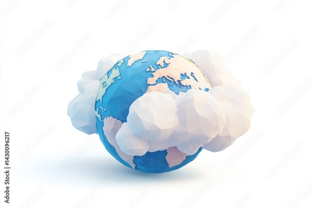 Aufkleber low-poly globe enveloped by stylized clouds, representing global connectivity and cloud computing.