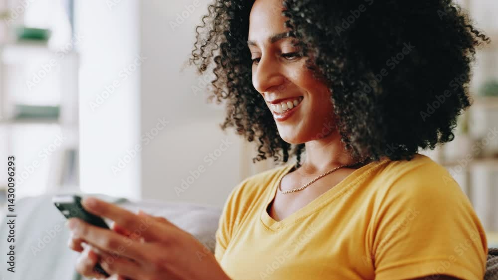Poster woman, smile and typing with phone on sofa for social media post, streaming service and text message