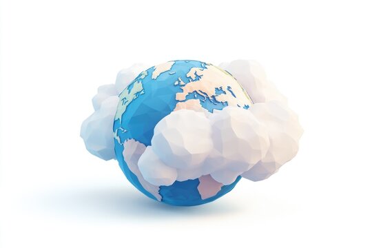 Low-poly globe enveloped by stylized clouds, representing global connectivity and cloud computing.