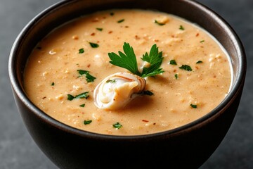 Creamy clam chowder in a dark bowl, garnished with parsley.