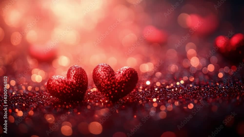 Poster radiant hearts: two shimmering hearts, surrounded by a soft glow and bokeh, create an atmosphere of 