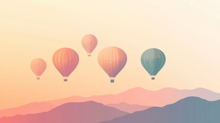 Pastel Hot Air Balloons over Hazy Mountain Range at Sunset