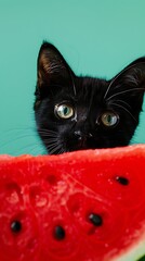 Curious Black Cat Peeking Over Watermelon Slice – Cute Summer Pet Concept
