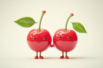 Two cute cartoon cherries holding hands, showcasing friendship and love.