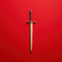 A gold sword on a red background.