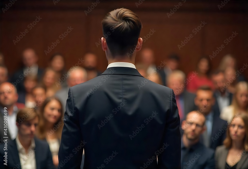 Aufkleber generative ai depiction of a speaker addressing an audience in a formal setting