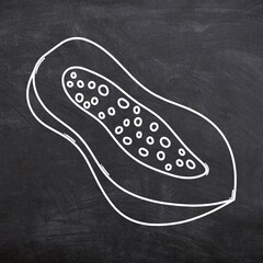 Papaya seamless set on black background. Sketch of papaya on chalk board. Line art of fruit on black board