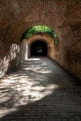 Obraz premium Brick tunnel with light at the end.